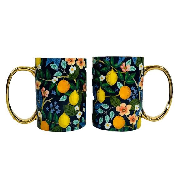 ANTHROPOLOGIE x RIFLE PAPER CO Set 2 Mugs Citrus Grove Black Gold Gild 16 oz EUC - Picture 1 of 8